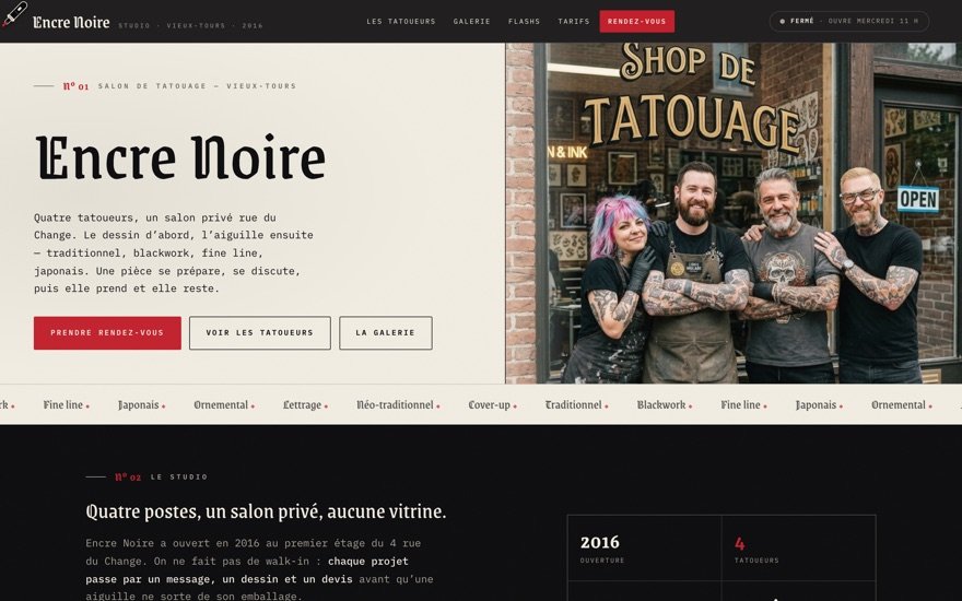 Page d’accueil du site Encre Noire Studio